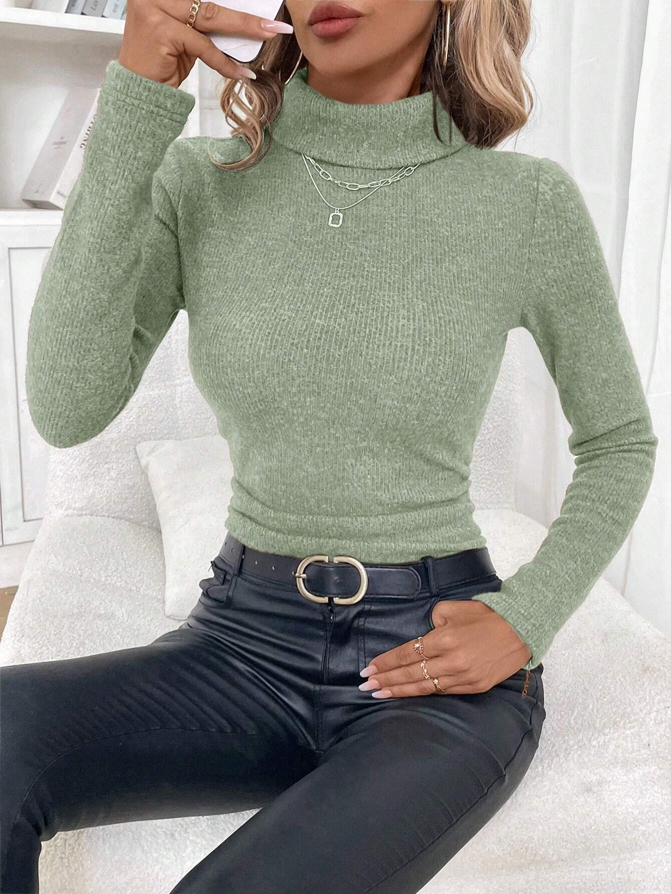 Damen Winter Unifarben Lässig Langarm Mock Neck Baumwolle Pullover