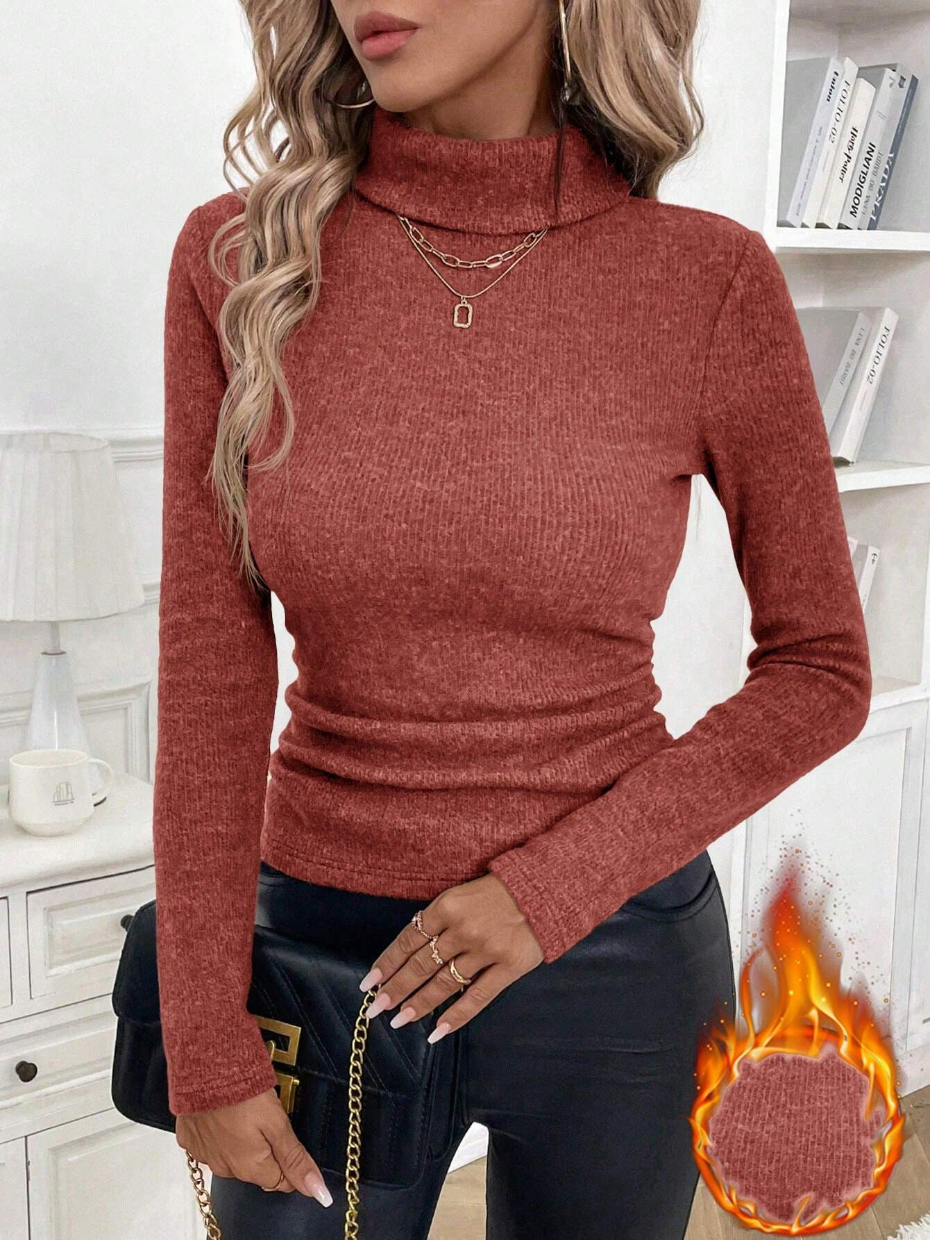 Damen Winter Unifarben Lässig Langarm Mock Neck Baumwolle Pullover