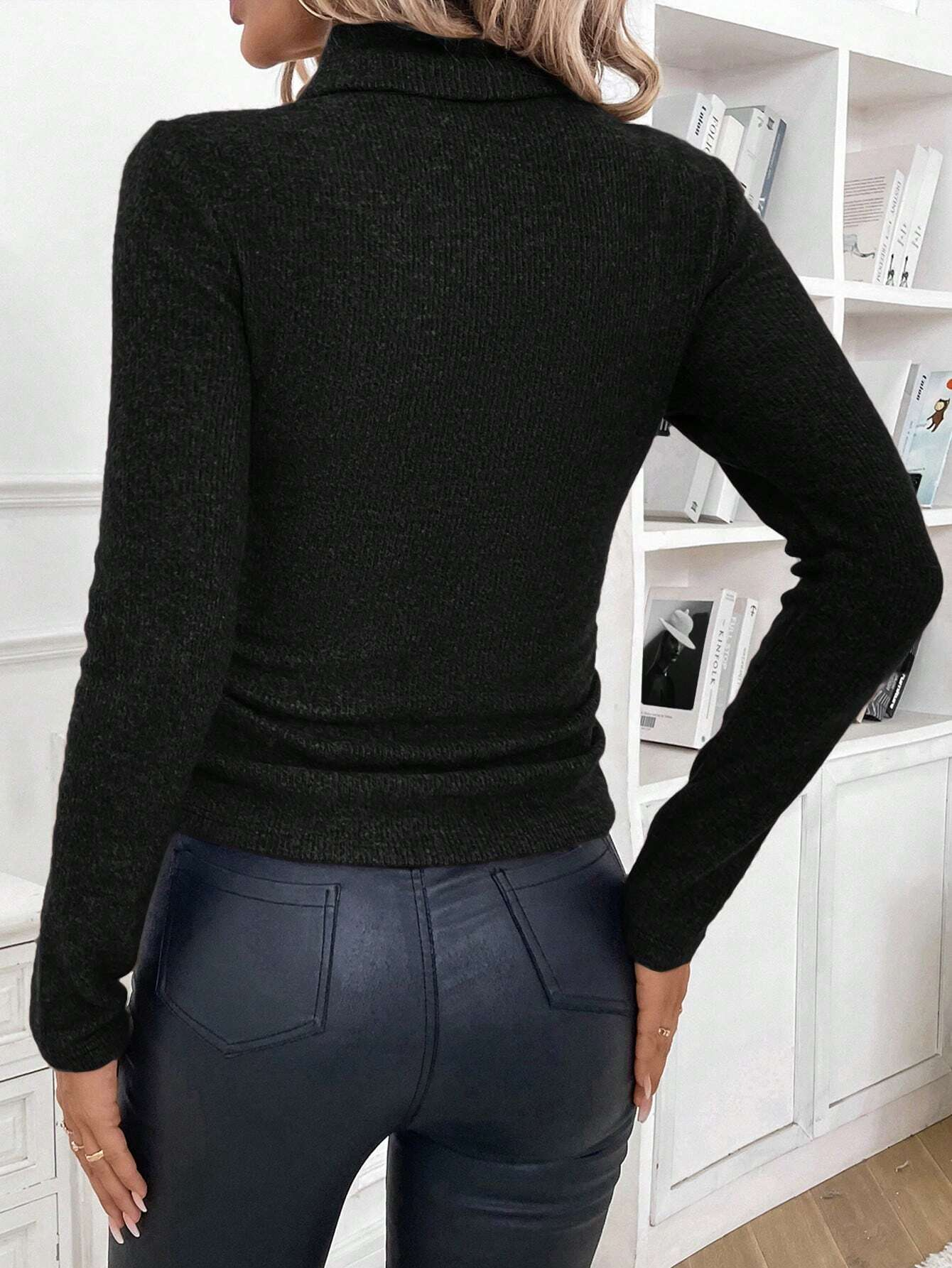 Damen Winter Unifarben Lässig Langarm Mock Neck Baumwolle Pullover