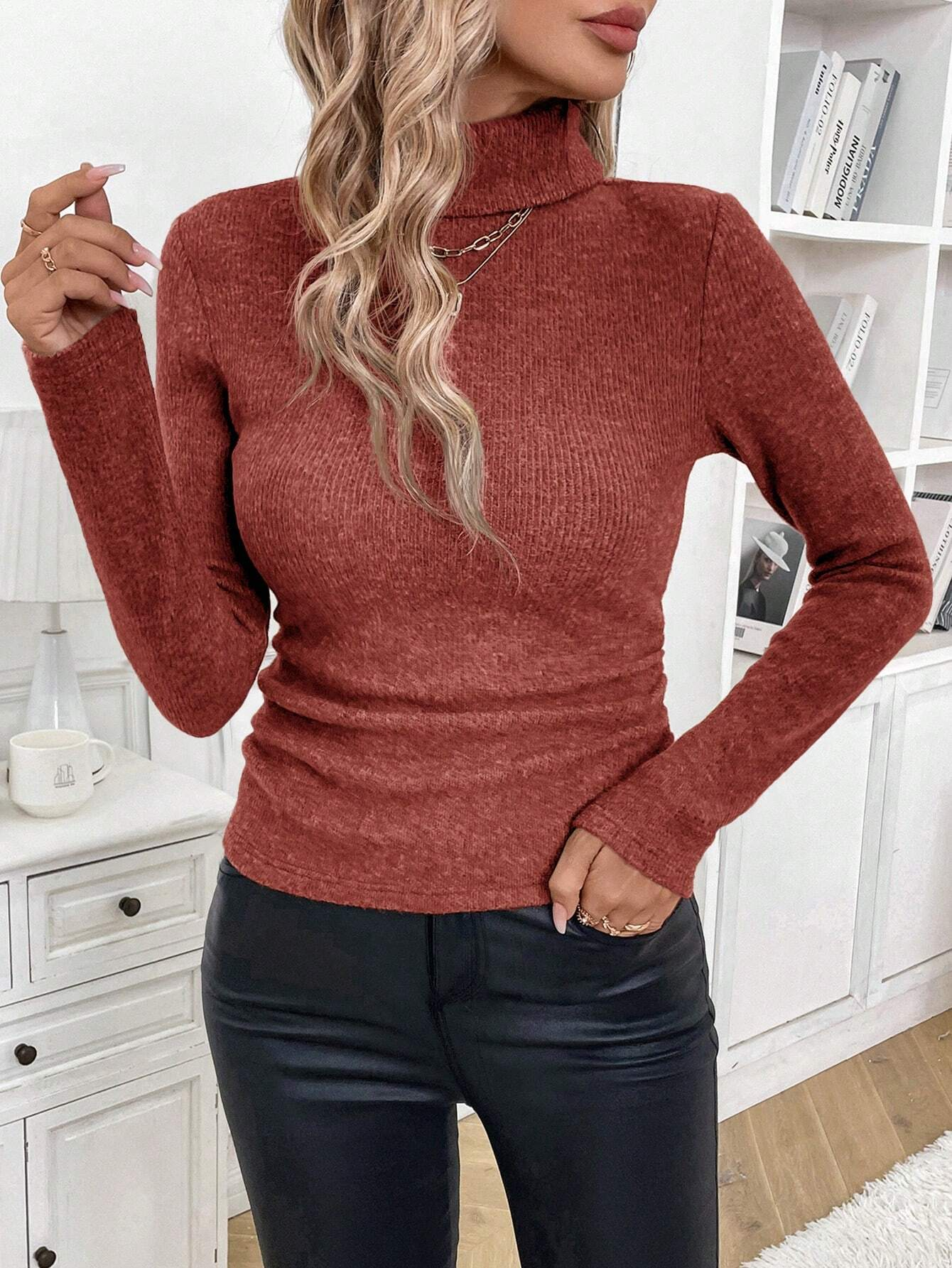 Damen Winter Unifarben Lässig Langarm Mock Neck Baumwolle Pullover