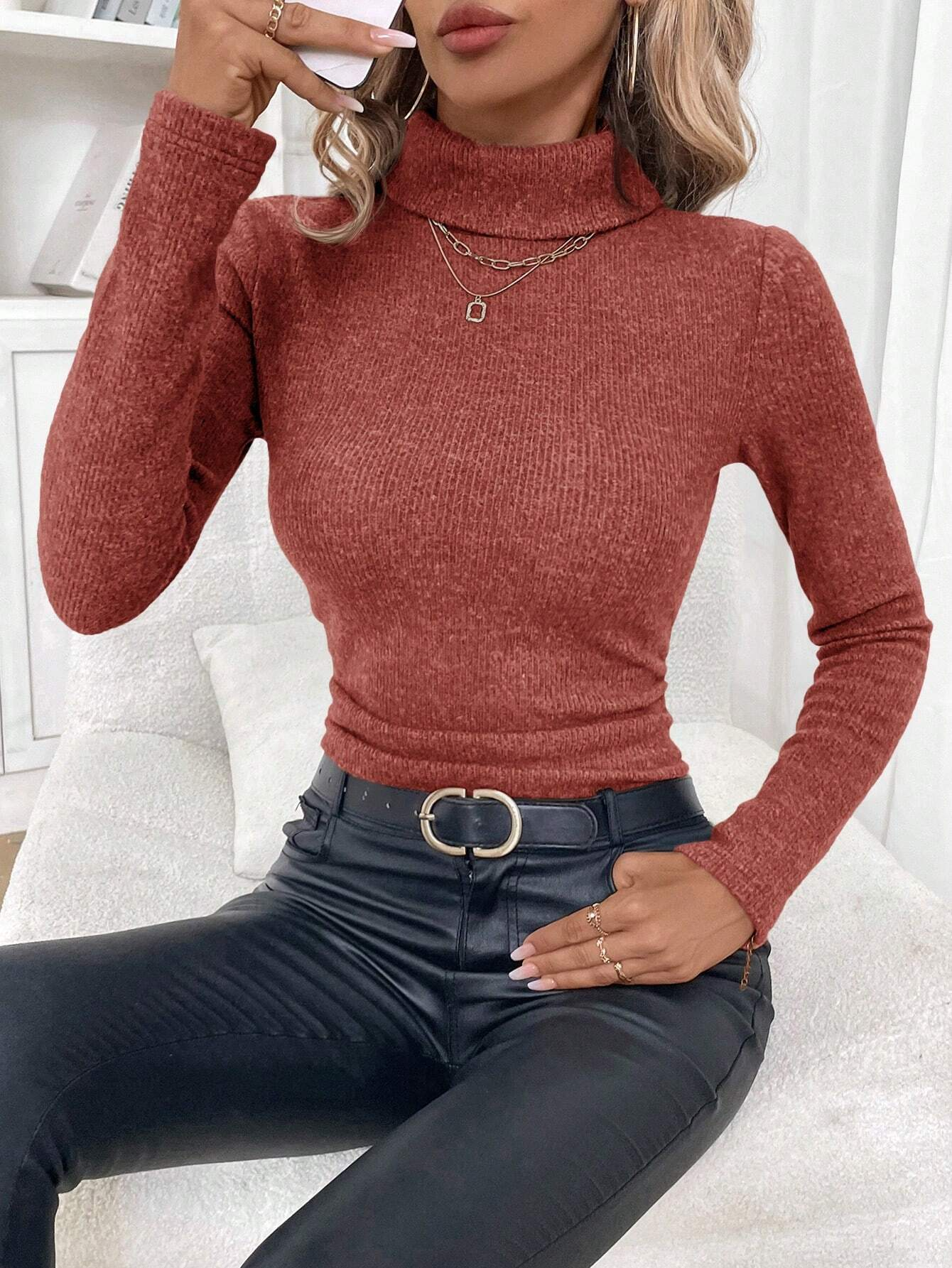 Damen Winter Unifarben Lässig Langarm Mock Neck Baumwolle Pullover