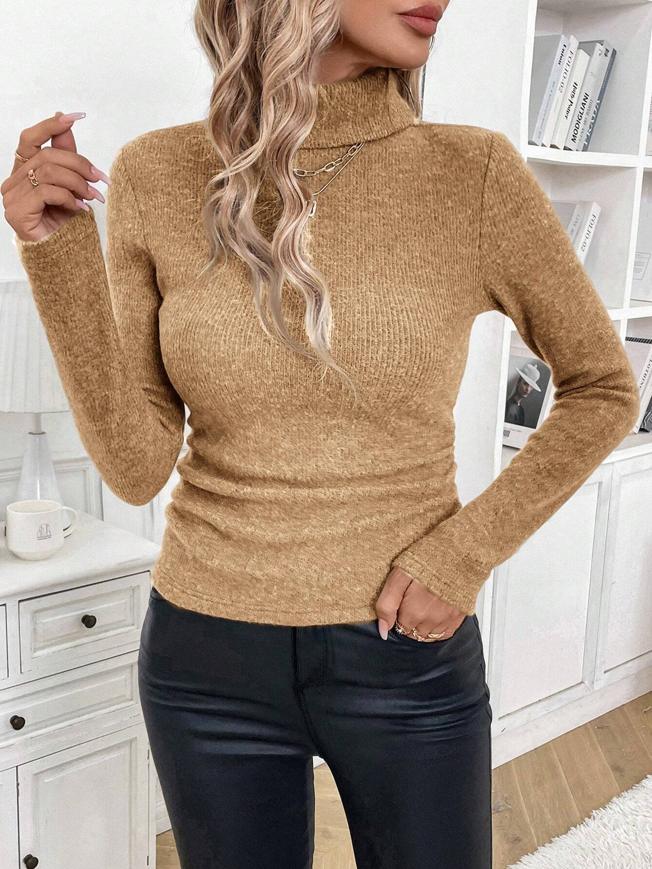 Damen Winter Unifarben Lässig Langarm Mock Neck Baumwolle Pullover