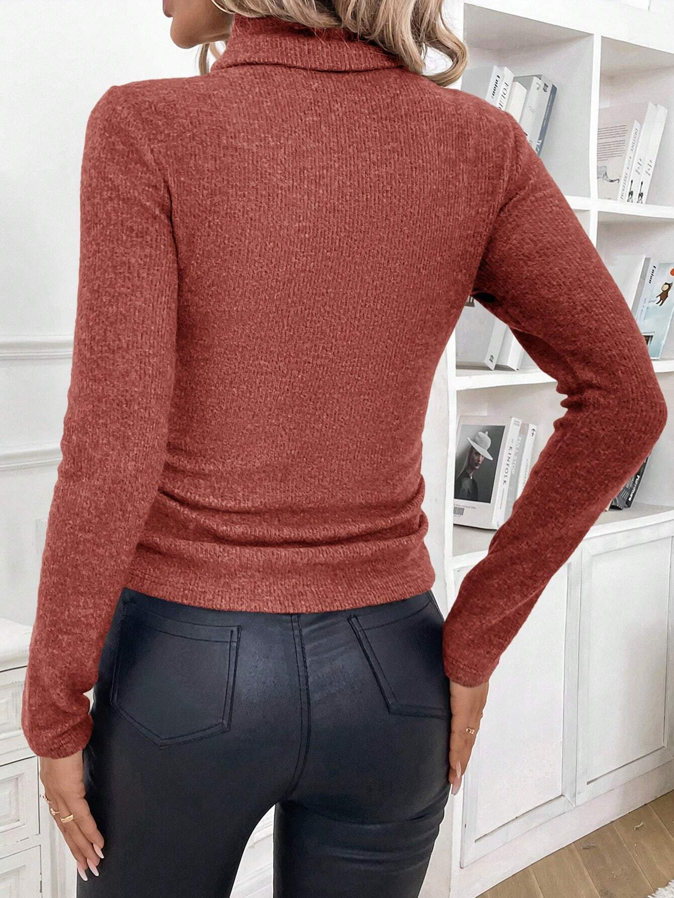 Damen Winter Unifarben Lässig Langarm Mock Neck Baumwolle Pullover