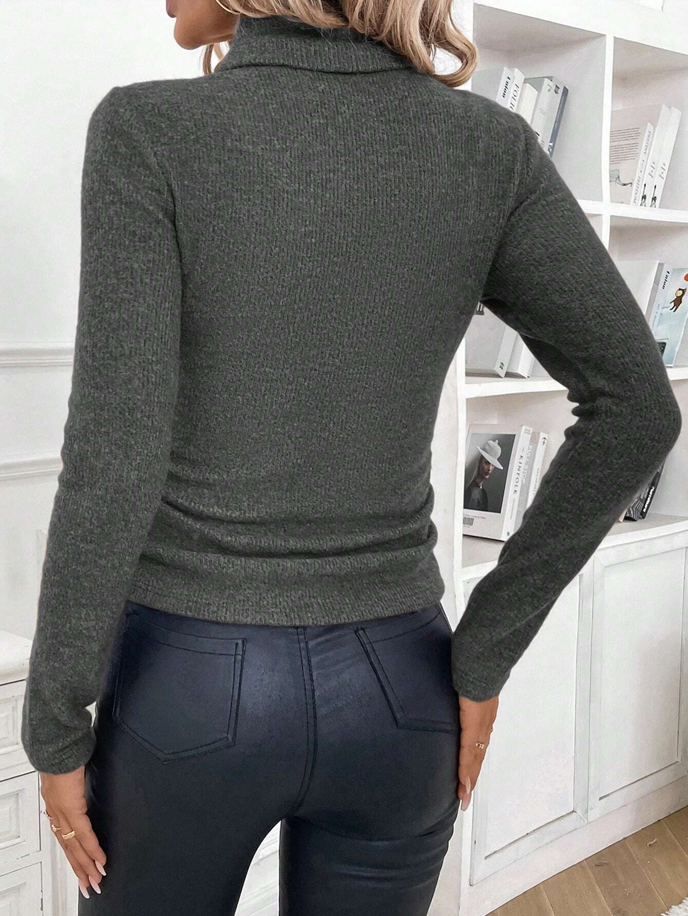 Damen Winter Unifarben Lässig Langarm Mock Neck Baumwolle Pullover