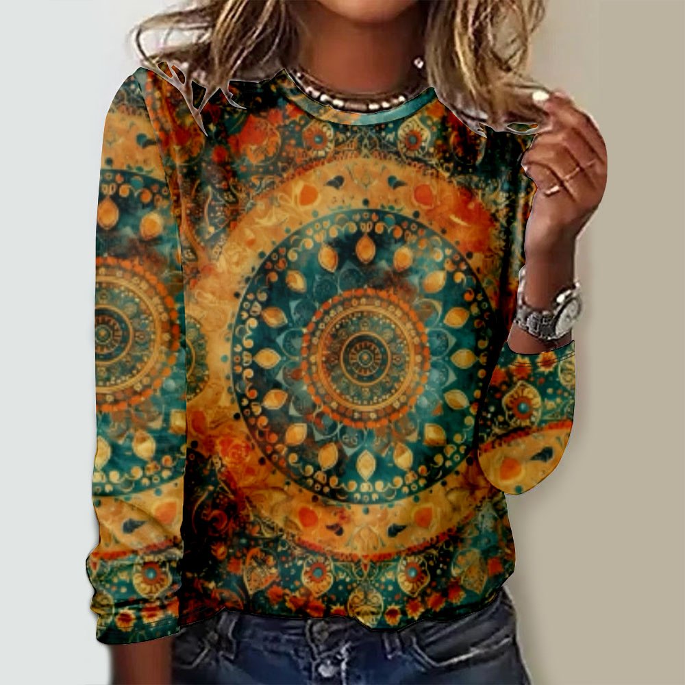 Damen Langarm T-Shirts T-Shirt Frühling/Herbst Ethnisch Rundhals Lässig Oberteile