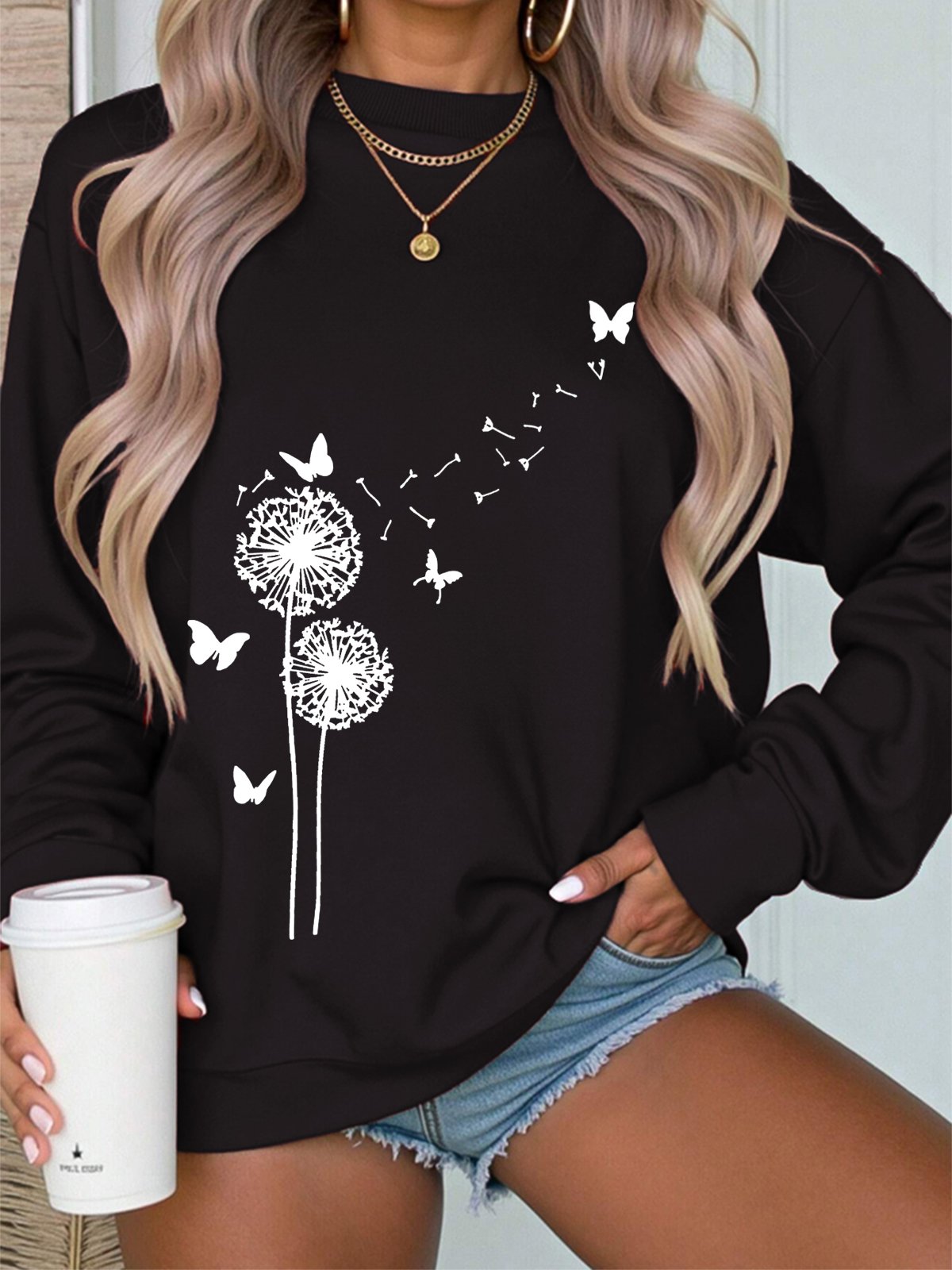 Damen Rundhals Botanisch Muster Lässig Frühling/Herbst Langarm Sweatshirt