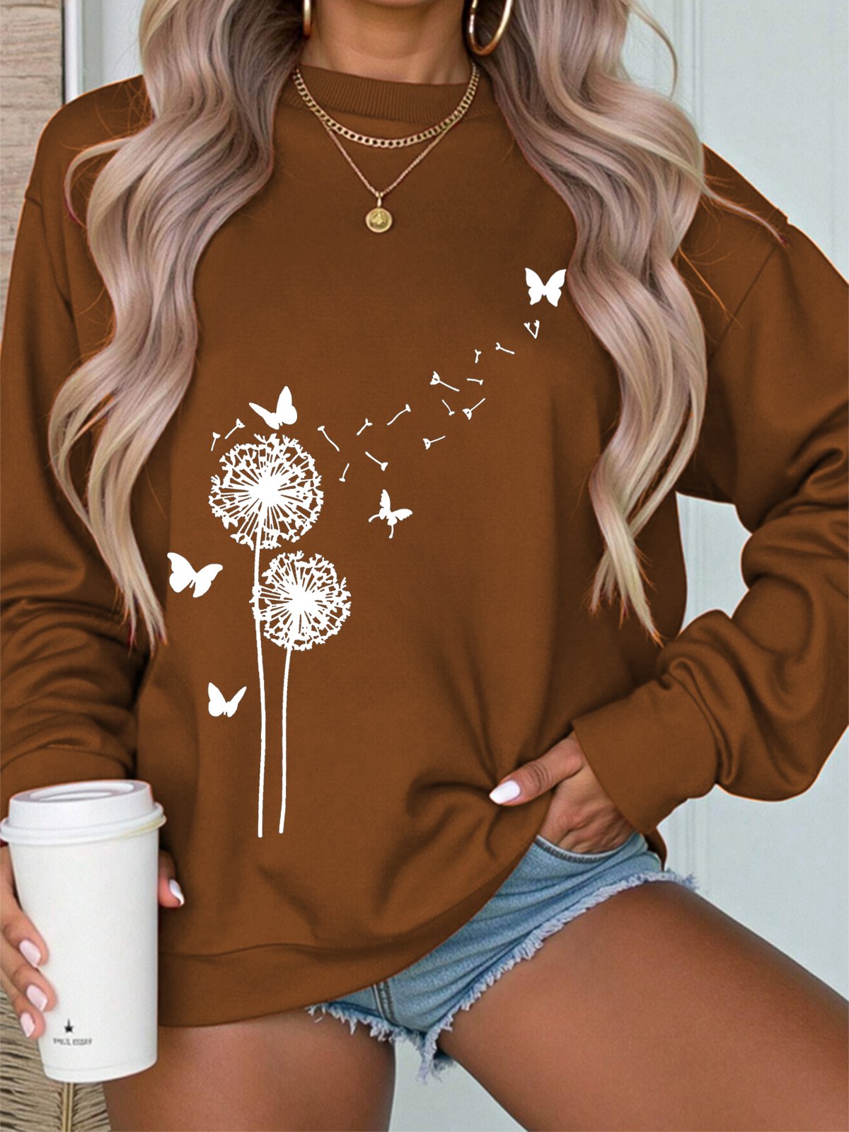 Damen Rundhals Botanisch Muster Lässig Frühling/Herbst Langarm Sweatshirt