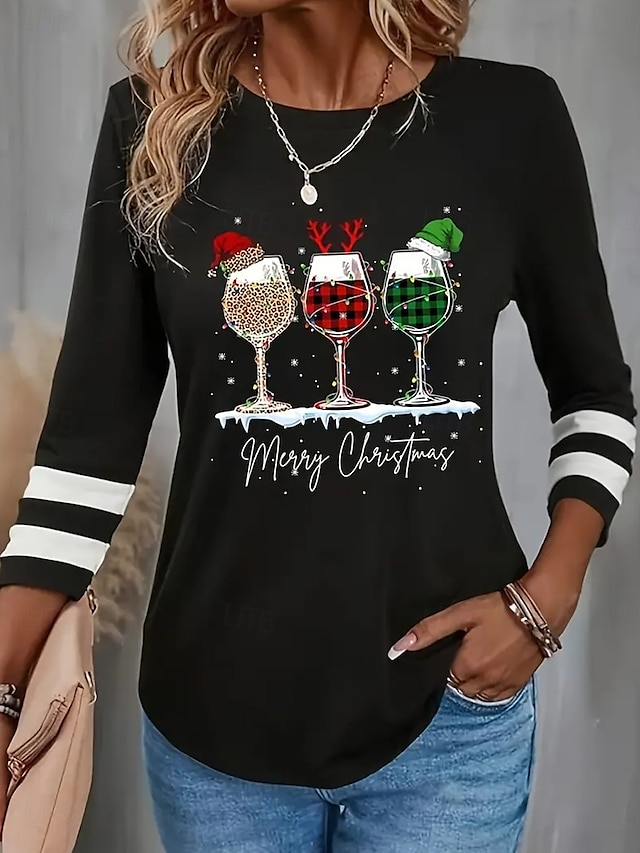 Damen Langarm T-Shirts T-Shirt Frühling/Herbst Weihnachten Wein Glas Jersey Rundhals Täglich Ausgehen Lässig Oberteile