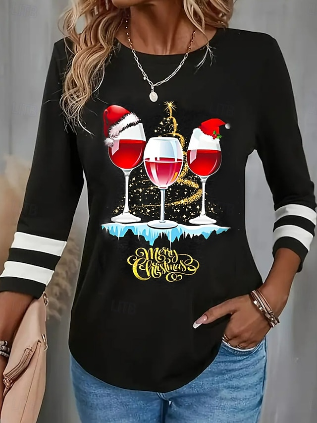Damen Langarm T-Shirts T-Shirt Frühling/Herbst Weihnachten Wein Glas Jersey Rundhals Täglich Ausgehen Lässig Oberteile