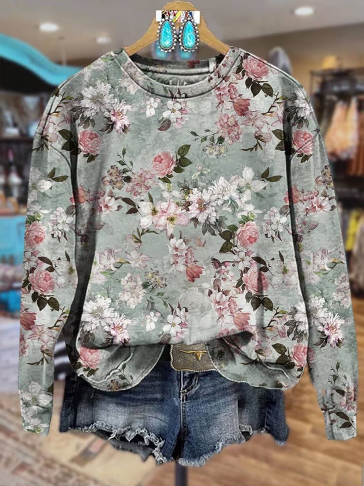 Damen Rundhals Geblümt Lässig Frühling/Herbst Langarm Sweatshirt