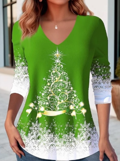 Damen Langarm Bluse Frühling/Herbst Weihnachten Warmbohren Jersey V-Ausschnitt Täglich Ausgehen Lässig Oberteile