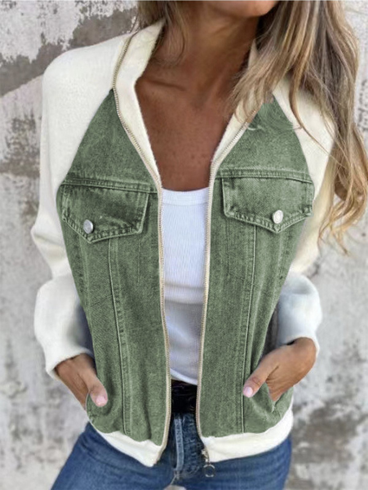 Damen Frühling/Herbst Oberbekleidung Lässig Denim Reißverschluss Kontrastnaht Langarm Schalkragen Jacke