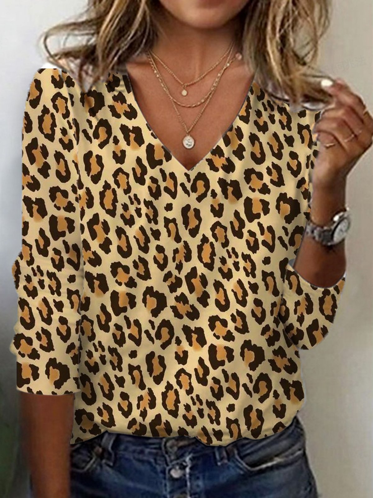 Damen Langarm T-Shirts T-Shirt Frühling/Herbst Leopard Jersey V-Ausschnitt Täglich Ausgehen Lässig Oberteile