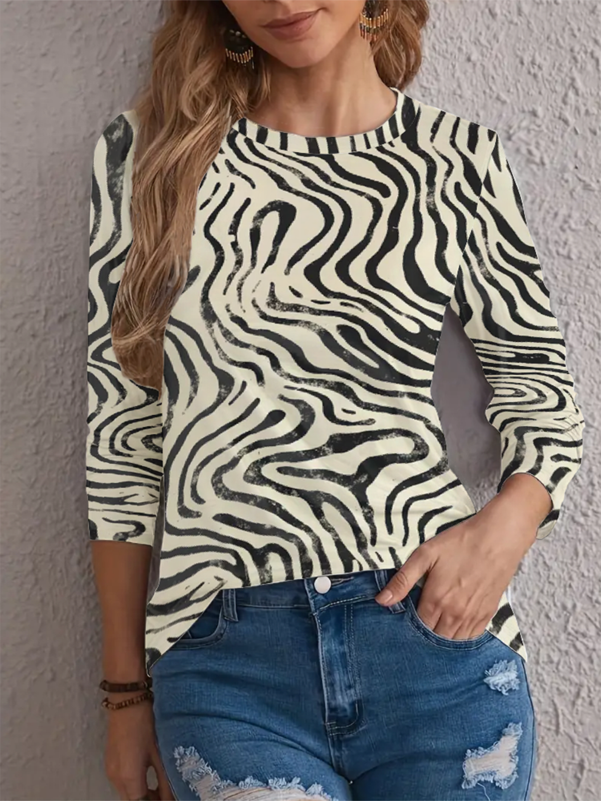 Damen Langarm T-Shirts T-Shirt Frühling/Herbst Zebra Jersey Rundhals Täglich Ausgehen Lässig Oberteile