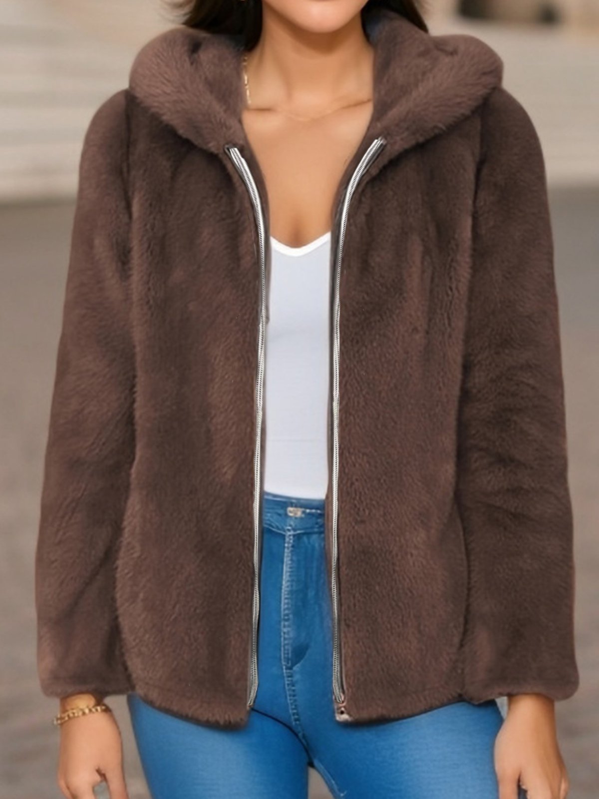 Damen Frühling/Herbst Oberbekleidung Lässig Fluff/Granular-Fleece-Stoff Unifarben Langarm Kapuze Jacke