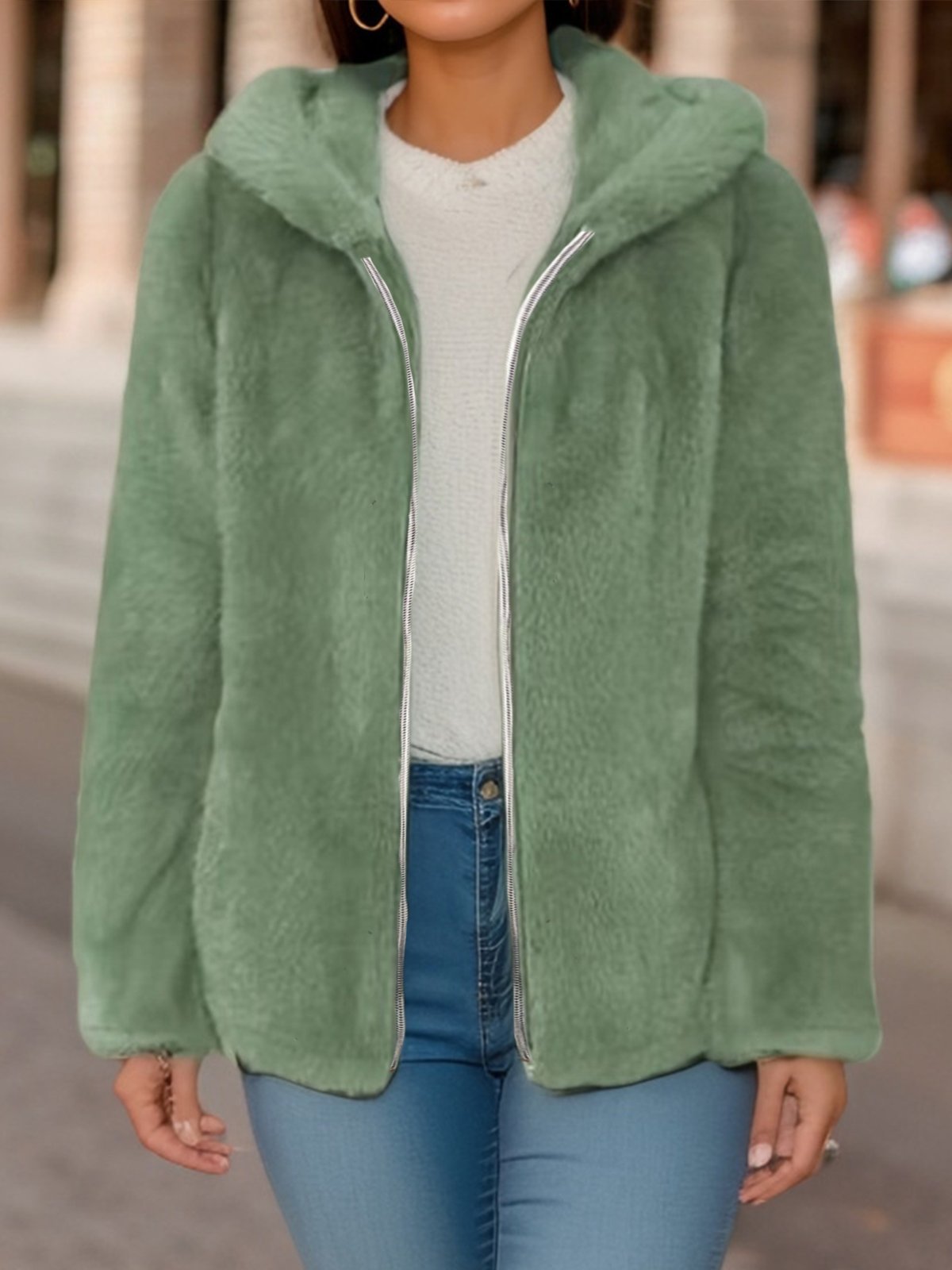 Damen Frühling/Herbst Oberbekleidung Lässig Fluff/Granular-Fleece-Stoff Unifarben Langarm Kapuze Jacke