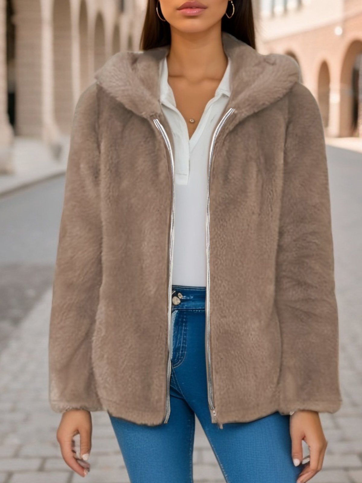 Damen Frühling/Herbst Oberbekleidung Lässig Fluff/Granular-Fleece-Stoff Unifarben Langarm Kapuze Jacke