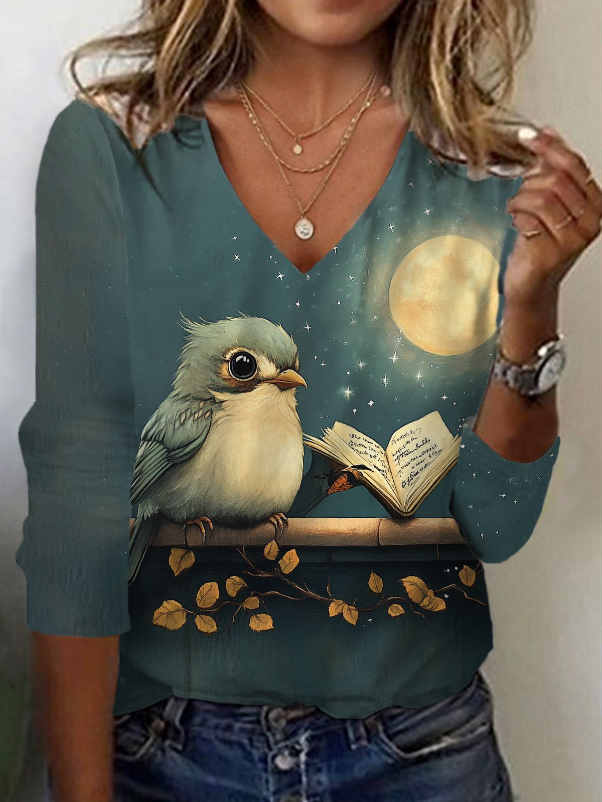 Damen Langarm T-Shirts T-Shirt Frühling/Herbst Vogel Jersey V-Ausschnitt Täglich Ausgehen Lässig Oberteile