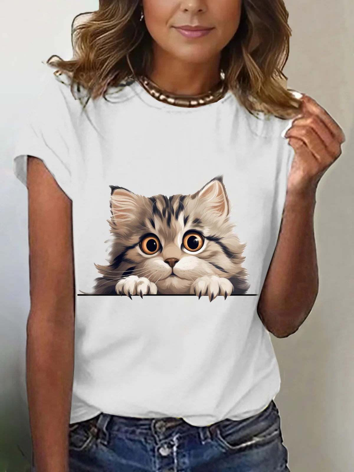 Damen Kurzarm T-Shirts T-Shirt Sommer Katze Baumwollmischung Rundhals Täglich Ausgehen Lässig Oberteile