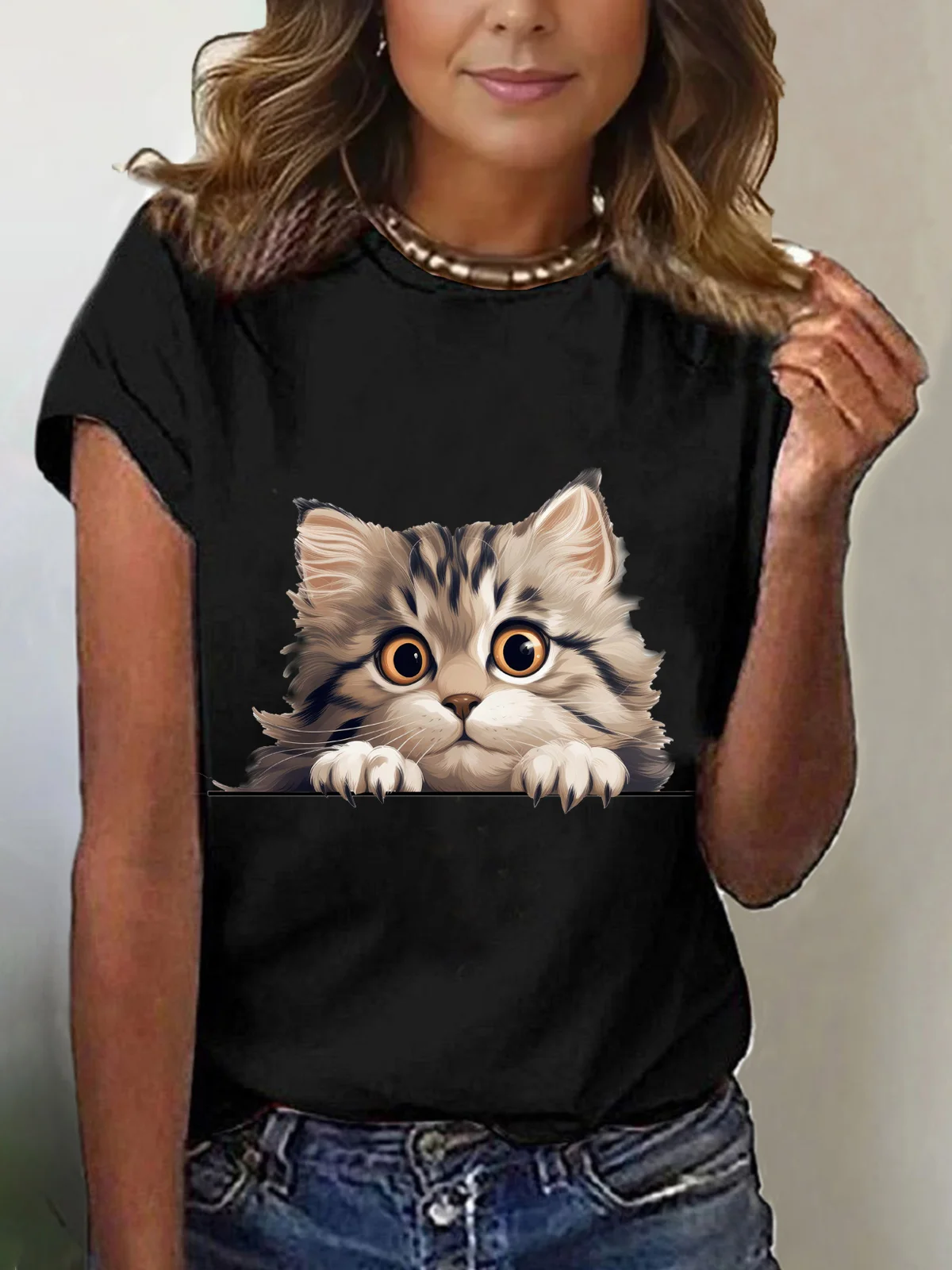 Damen Kurzarm T-Shirts T-Shirt Sommer Katze Baumwollmischung Rundhals Täglich Ausgehen Lässig Oberteile