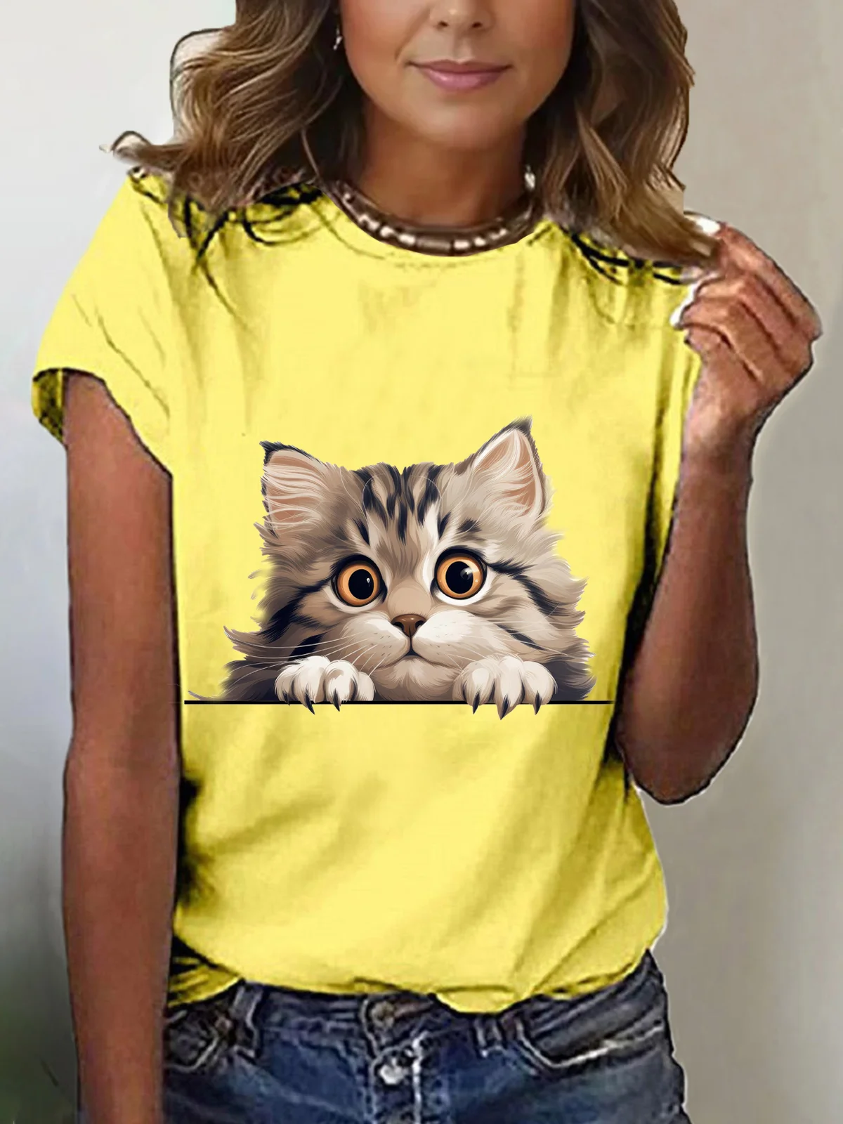 Damen Kurzarm T-Shirts T-Shirt Sommer Katze Baumwollmischung Rundhals Täglich Ausgehen Lässig Oberteile