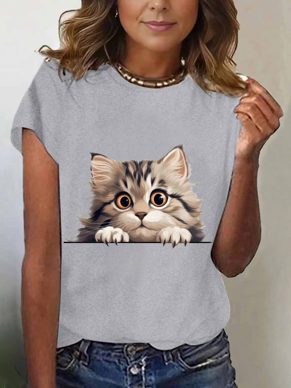 Damen Kurzarm T-Shirts T-Shirt Sommer Katze Baumwollmischung Rundhals Täglich Ausgehen Lässig Oberteile