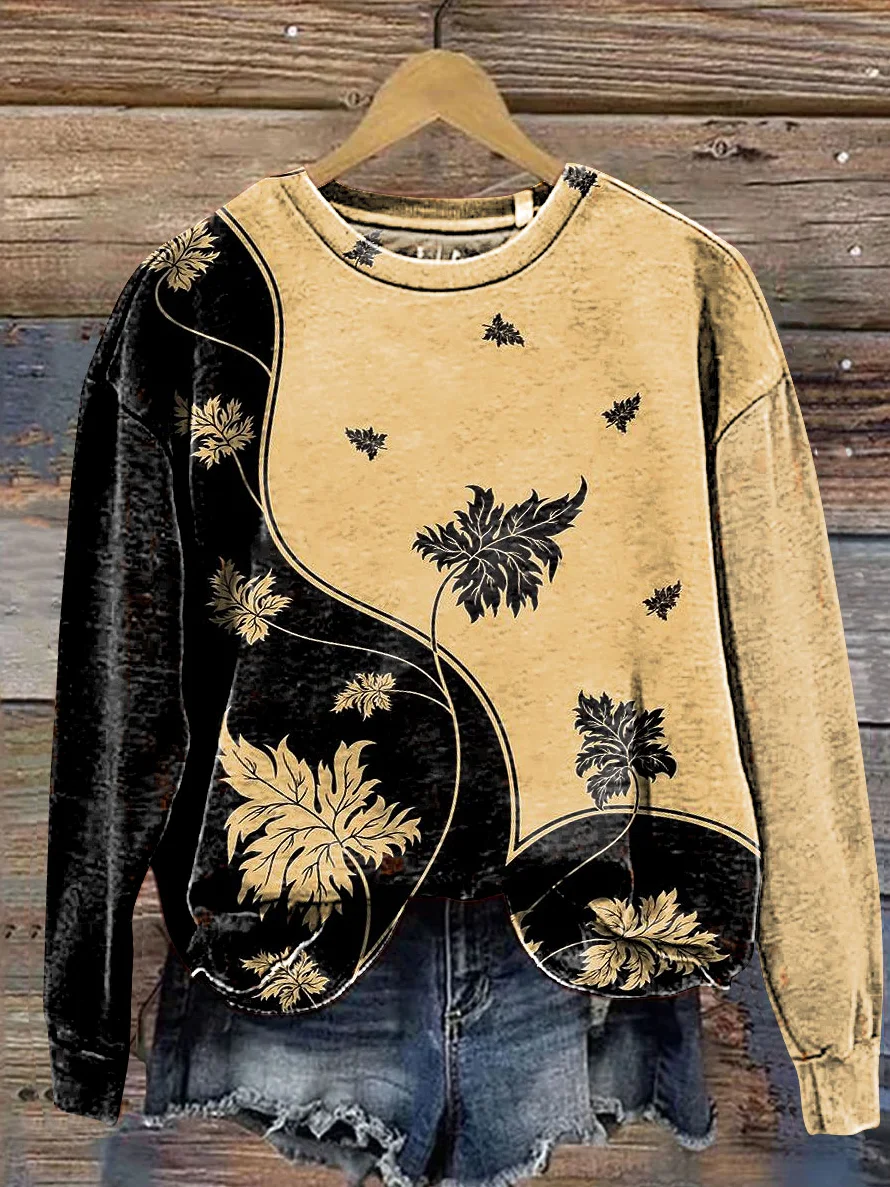 Damen Rundhals Blätter Lässig Frühling/Herbst Langarm Sweatshirt