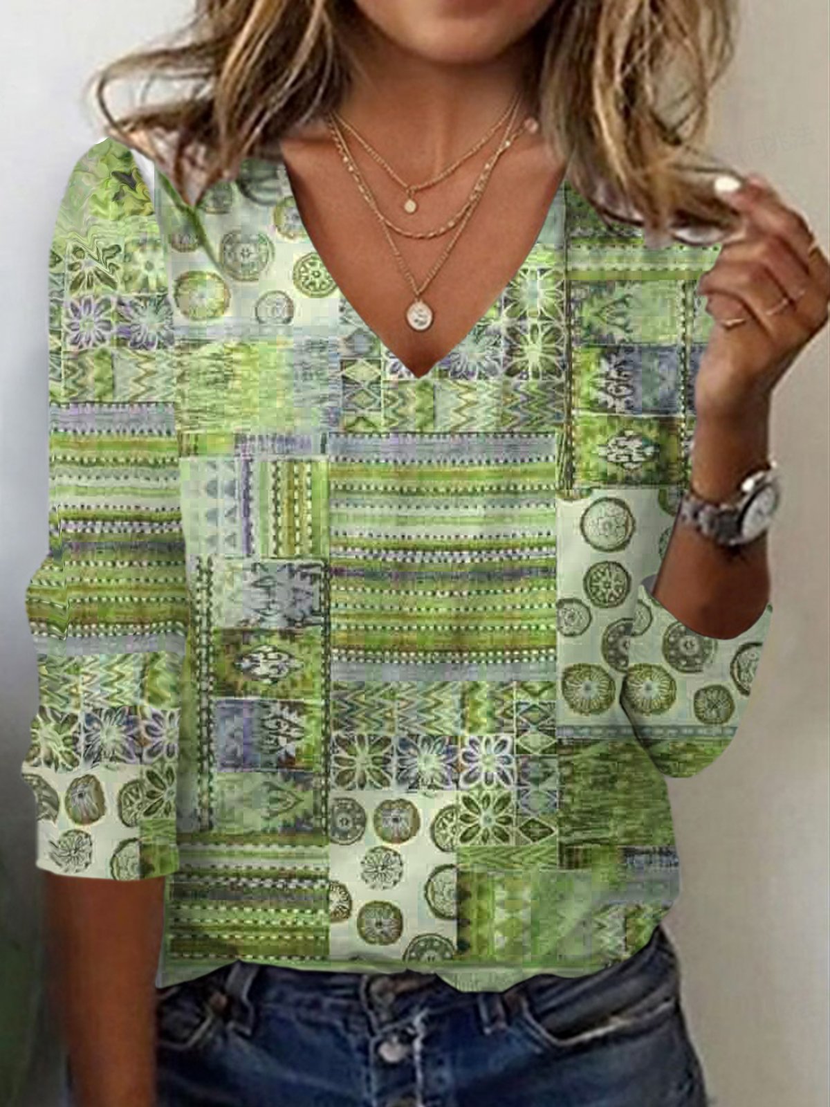 Damen Langarm T-Shirts T-Shirt Frühling/Herbst Ethnisch Jersey V-Ausschnitt Täglich Ausgehen Lässig Oberteile