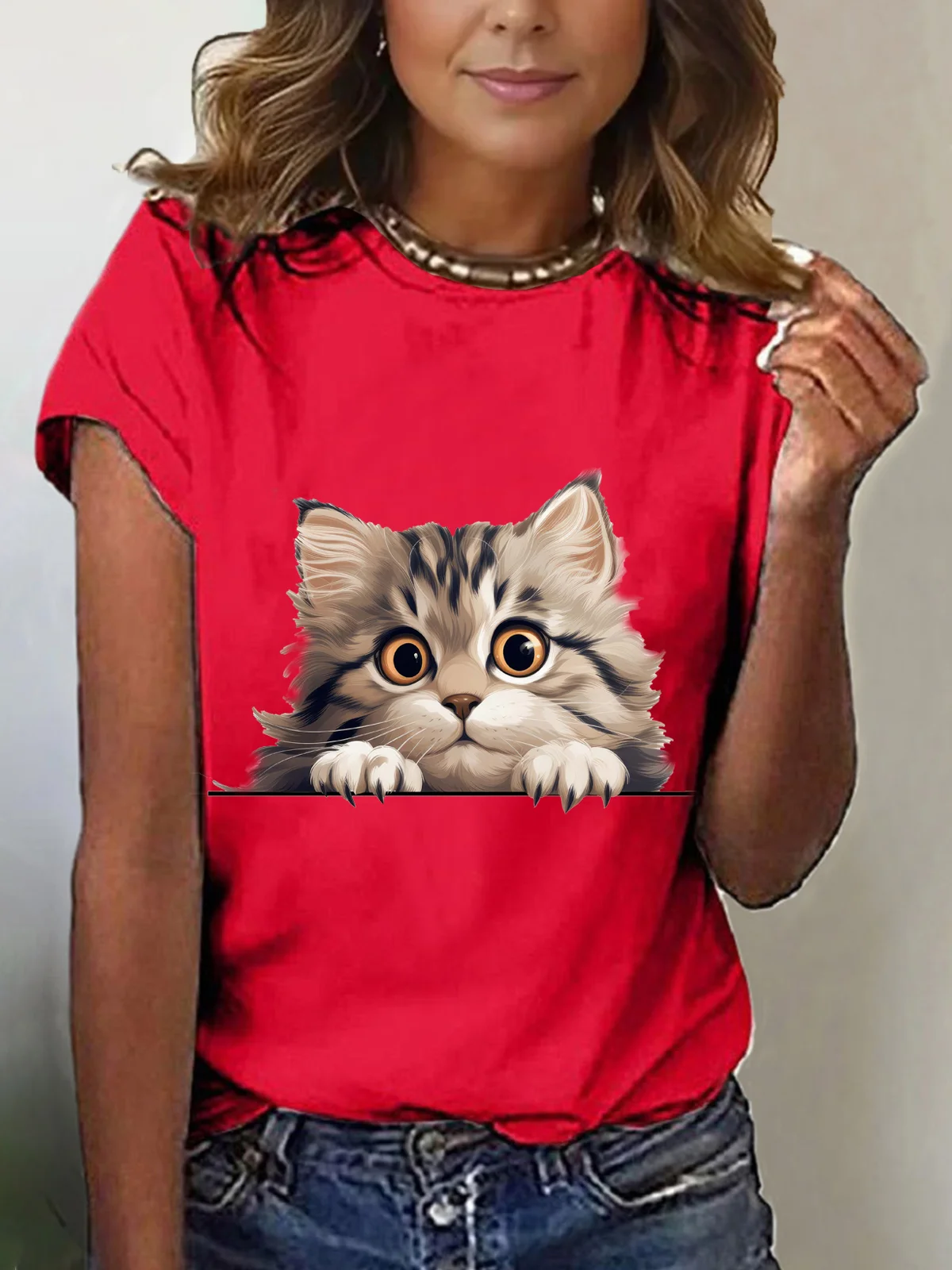 Damen Kurzarm T-Shirts T-Shirt Sommer Katze Baumwollmischung Rundhals Täglich Ausgehen Lässig Oberteile