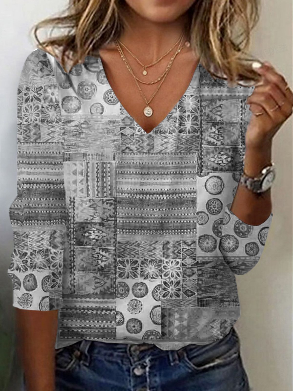Damen Langarm T-Shirts T-Shirt Frühling/Herbst Ethnisch Jersey V-Ausschnitt Täglich Ausgehen Lässig Oberteile