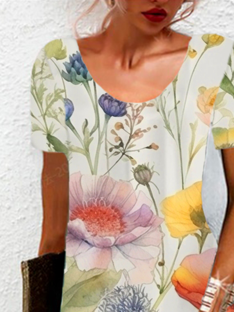 Damen Kurzarm Sommer Geblümt Jersey Kleid Rundhals Urlaub Ausgehen Lässig Mini H-Linie Tunika