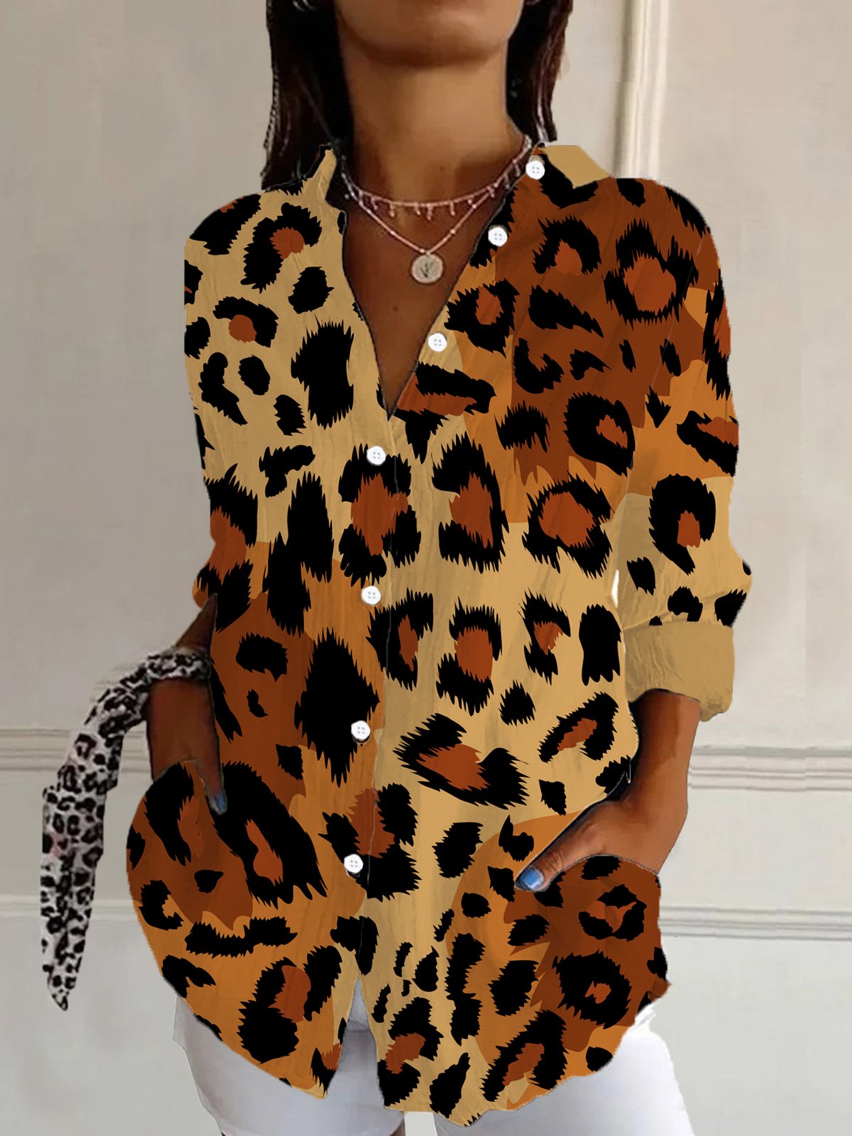 Damen Langarm Bluse Frühling/Herbst Leopard Hemdkragen Urlaub Ausgehen Lässig Oberteile