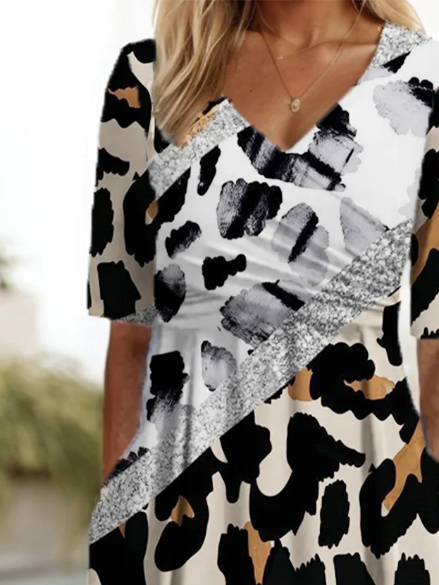 Damen Kurzarm Sommer Leopard Kleid V-Ausschnitt Täglich Ausgehen Lässig Maxikleid A-Linien