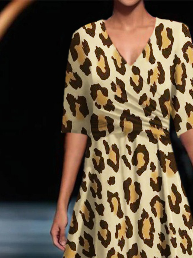 Damen Kurzarm Sommer Leopard Kleid V-Ausschnitt Täglich Ausgehen Lässig Maxikleid A-Linien