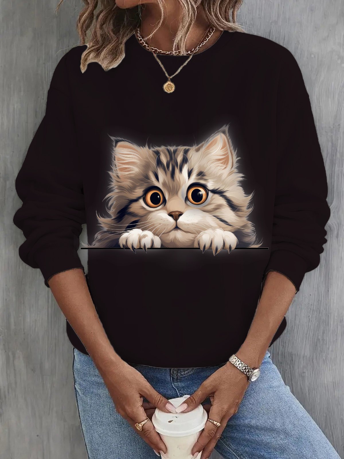 Damen Rundhals Katze Lässig Frühling/Herbst Langarm Sweatshirt