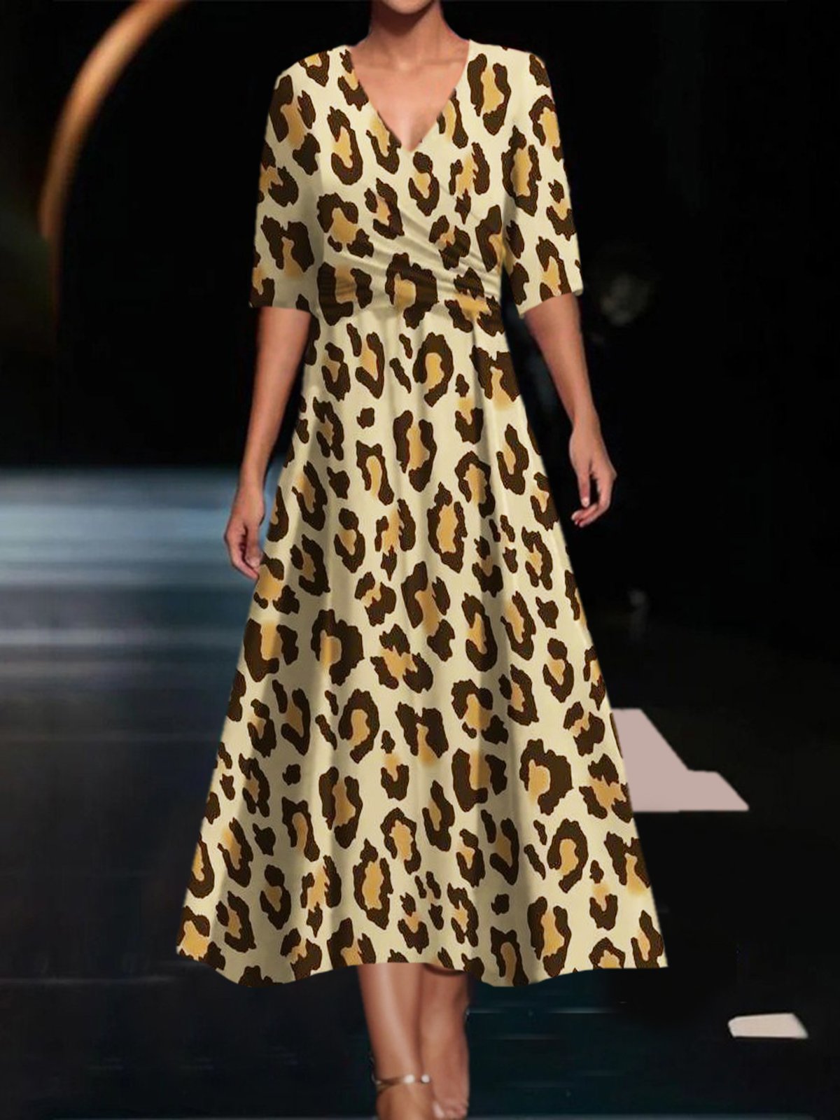 Damen Kurzarm Sommer Leopard Kleid V-Ausschnitt Täglich Ausgehen Lässig Maxikleid A-Linien