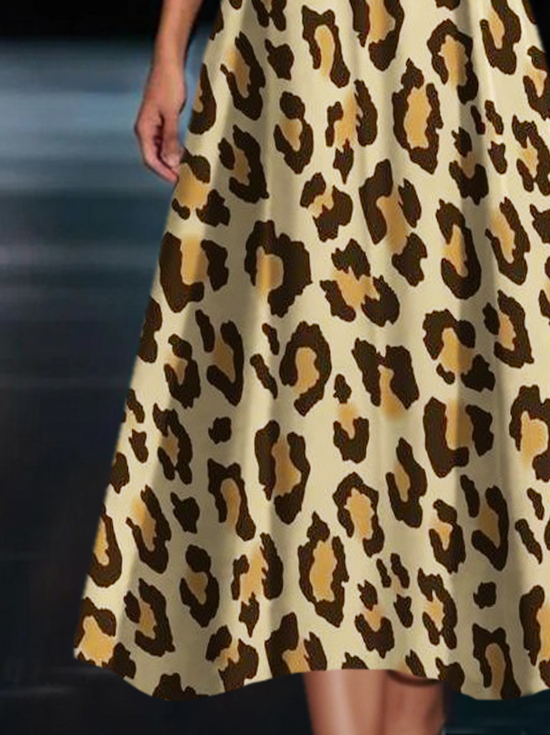 Damen Kurzarm Sommer Leopard Kleid V-Ausschnitt Täglich Ausgehen Lässig Maxikleid A-Linien