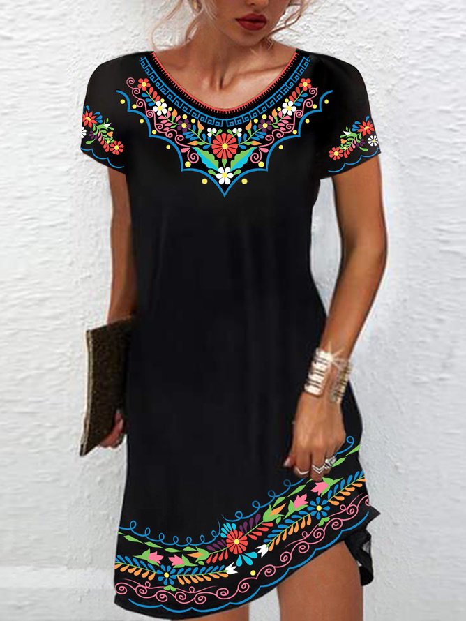 Damen Kurzarm Sommer Ethnisch Jersey Kleid Rundhals Täglich Ausgehen Lässig Mini H-Linie Tunika