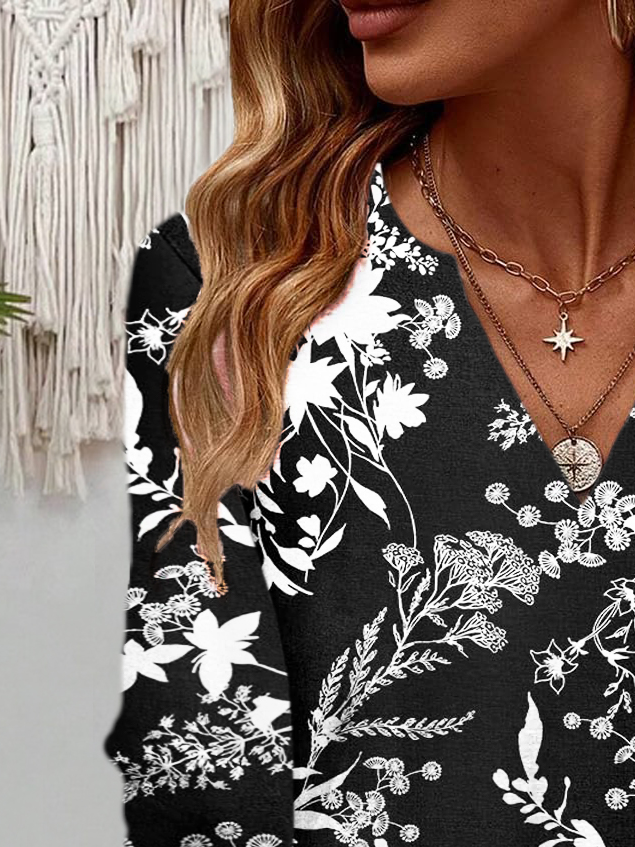 Damen Langarm Bluse Frühling/Herbst Botanisch Muster Jersey V-Ausschnitt Täglich Ausgehen Lässig Oberteile