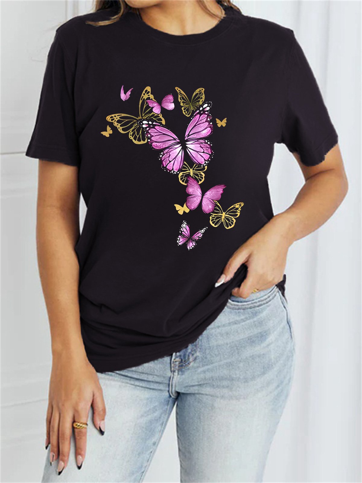 Damen Kurzarm T-Shirts T-Shirt Sommer Schmetterling Baumwollmischung Rundhals Täglich Ausgehen Lässig Oberteile