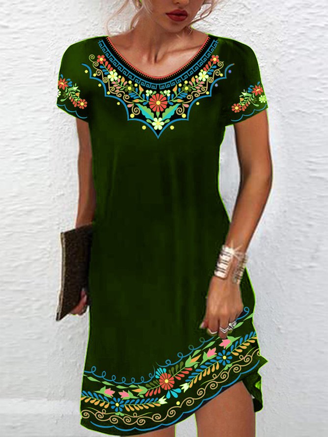 Damen Kurzarm Sommer Ethnisch Jersey Kleid Rundhals Täglich Ausgehen Lässig Mini H-Linie Tunika