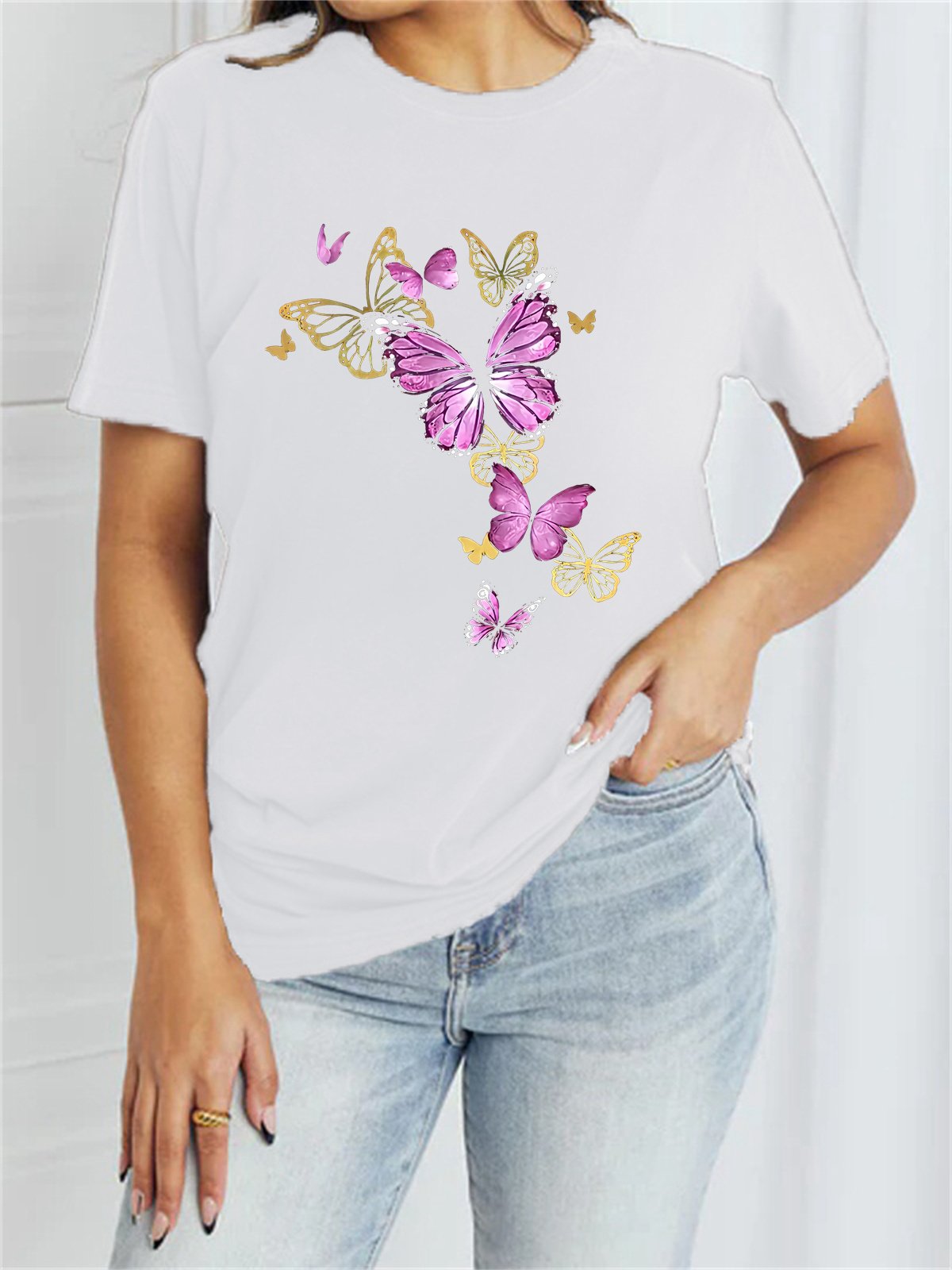 Damen Kurzarm T-Shirts T-Shirt Sommer Schmetterling Baumwollmischung Rundhals Täglich Ausgehen Lässig Oberteile