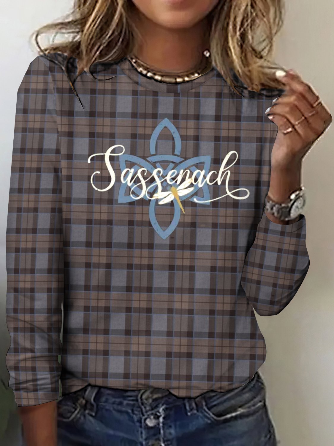Damen Langarm T-Shirts T-Shirt Frühling/Herbst Kariert Baumwolle Rundhals Täglich Ausgehen Retro Oberteile