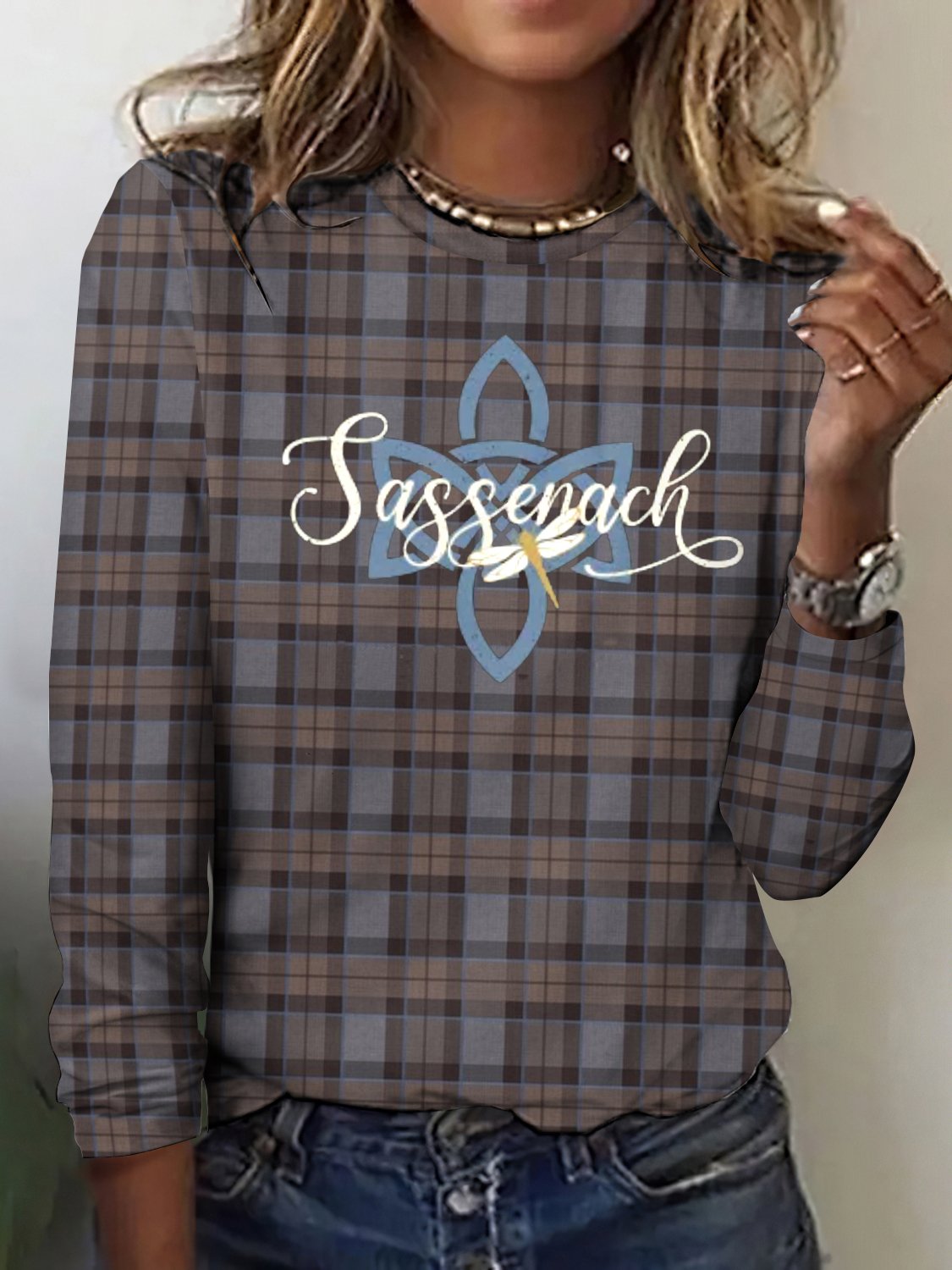 Damen Langarm T-Shirts T-Shirt Frühling/Herbst Kariert Baumwolle Rundhals Täglich Ausgehen Retro Oberteile