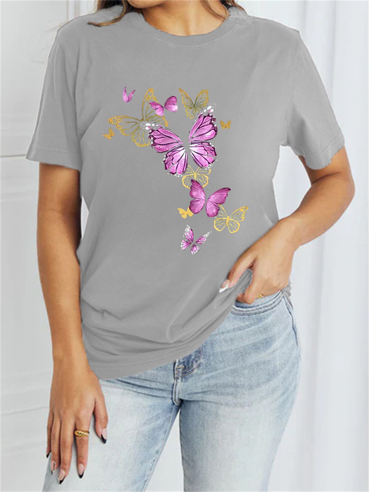 Damen Kurzarm T-Shirts T-Shirt Sommer Schmetterling Baumwollmischung Rundhals Täglich Ausgehen Lässig Oberteile