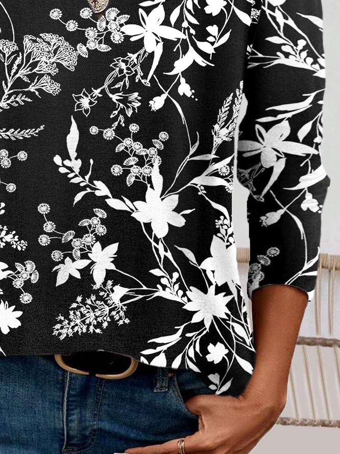 Damen Langarm Bluse Frühling/Herbst Botanisch Muster Jersey V-Ausschnitt Täglich Ausgehen Lässig Oberteile