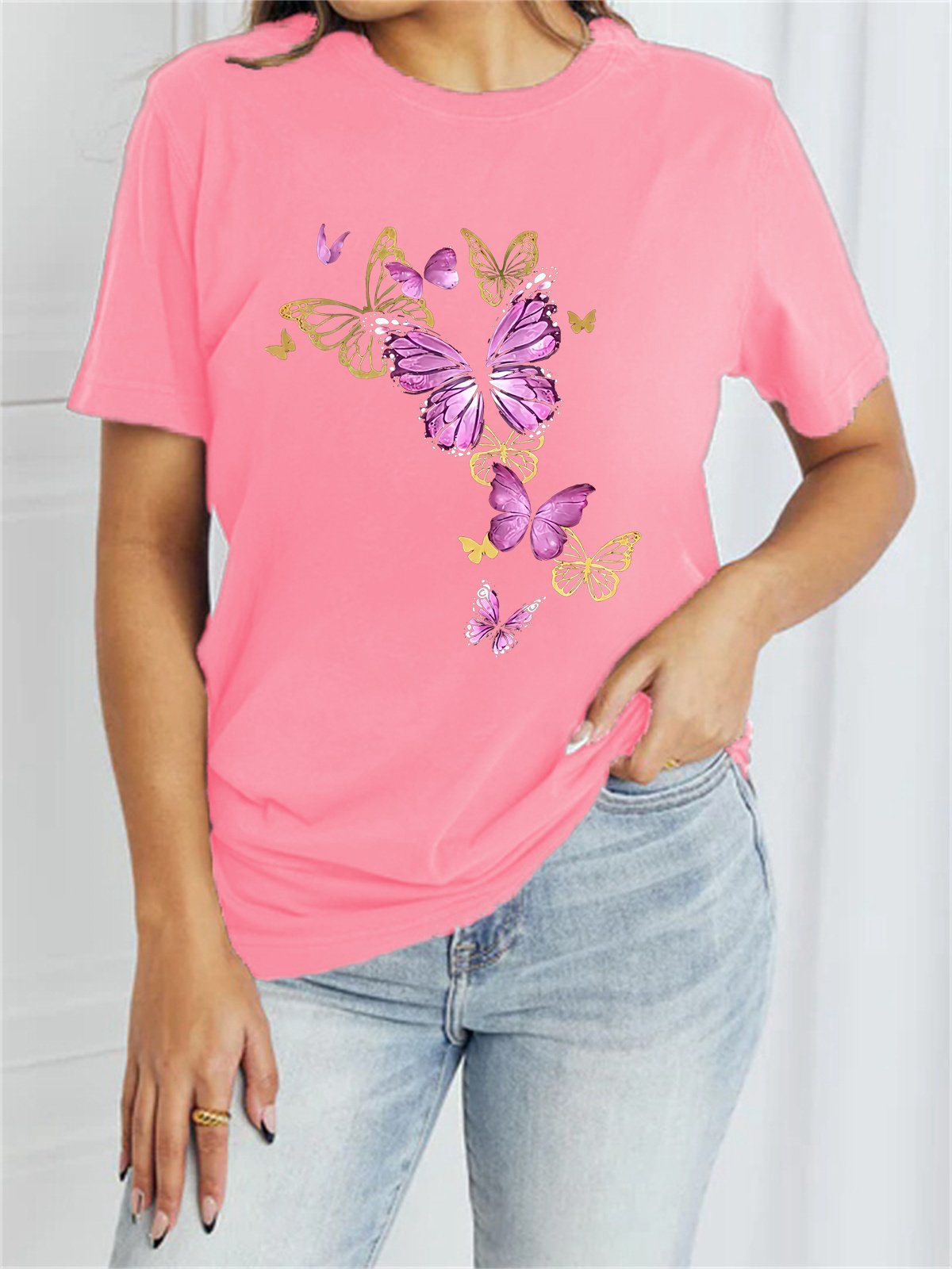 Damen Kurzarm T-Shirts T-Shirt Sommer Schmetterling Baumwollmischung Rundhals Täglich Ausgehen Lässig Oberteile