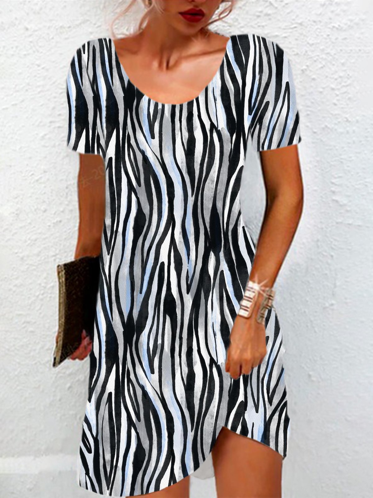 Damen Kurzarm Sommer Zebra Jersey Kleid Rundhals Täglich Ausgehen Lässig Mini H-Linie Tunika