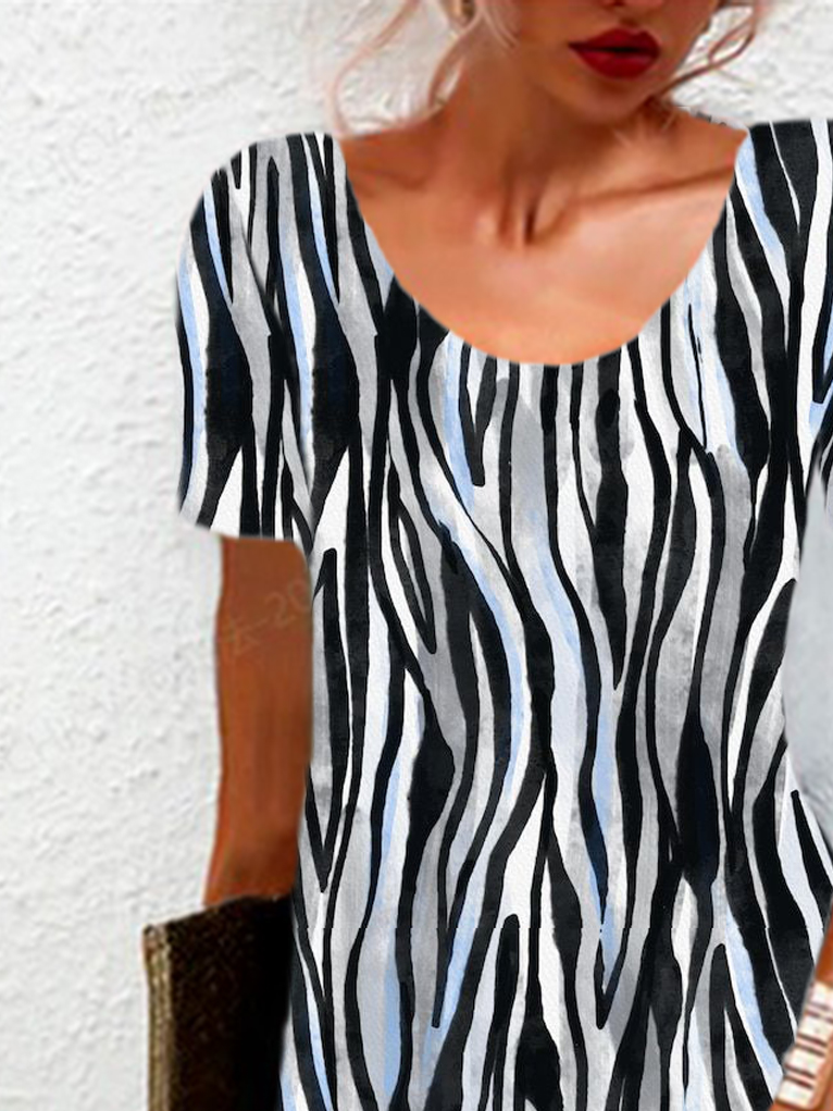 Damen Kurzarm Sommer Zebra Jersey Kleid Rundhals Täglich Ausgehen Lässig Mini H-Linie Tunika