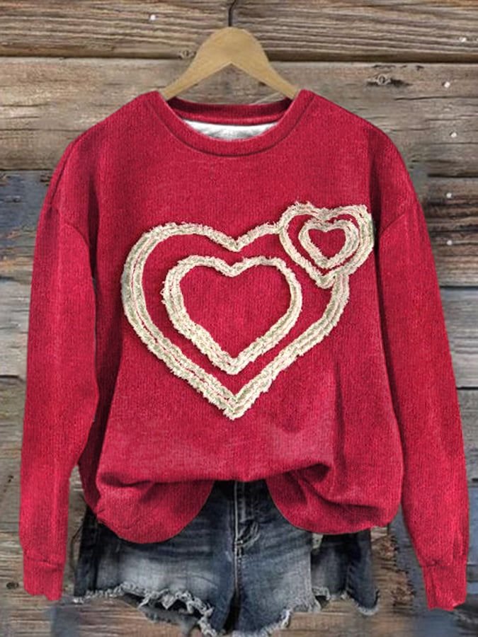 Damen Rundhals Herz/Herz Retro Frühling/Herbst Langarm Sweatshirt